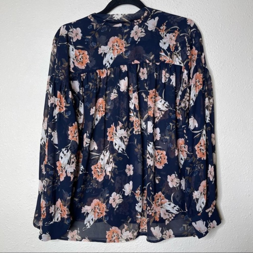Ro & De Blue Floral Button Tie Neck Blouse Top